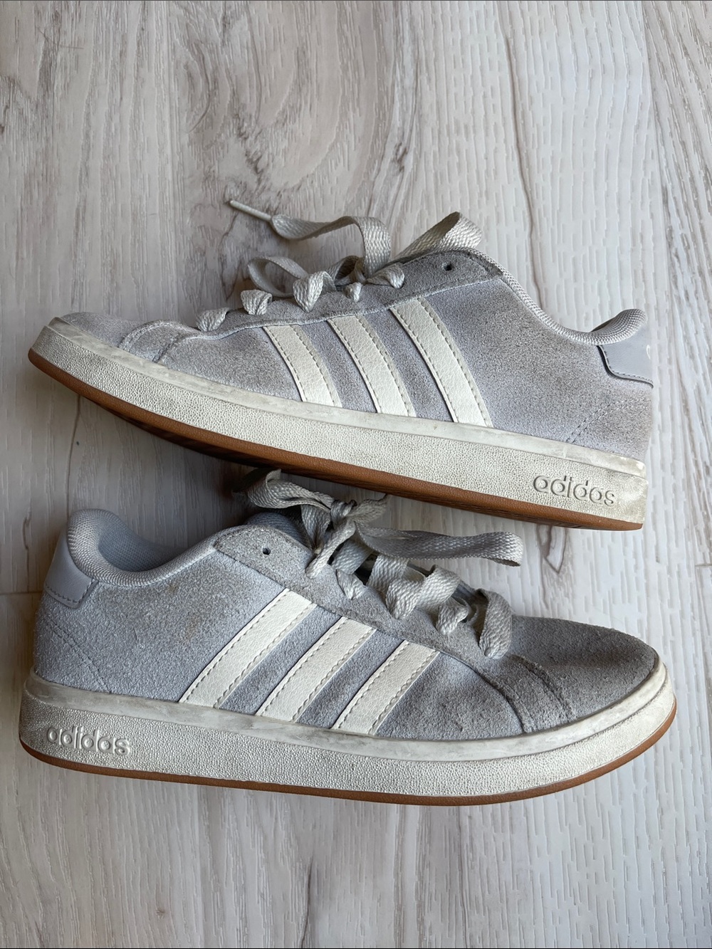adidas Light Gray Suede Sneakers with White Stripes